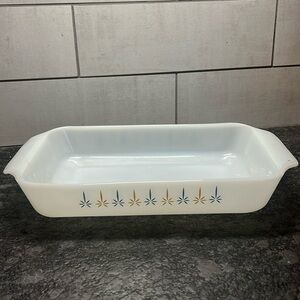 Vintage Fire King casserole dish by Anchor Hocking. Candle Glow design. 10.5x6.5